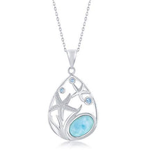 Load image into Gallery viewer, 925 Sterling Silver Hawaii Natural Larimar Gemstone High Polished Nautical Pear-Shaped with Starfish and Blue Cubic Zirconia 18’’ Pendant Necklace