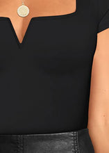 Load image into Gallery viewer, Saungkuai Women's Notch V Neck Short Sleeve Thong Bodysuit Summer Square Neck Body Suits Tops Women Clothing Black Small