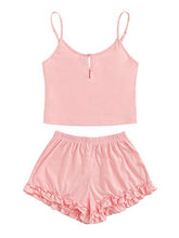 Load image into Gallery viewer, SheIn Women's Solid Print Cami Crop Top and Shorts Pajamas Set Medium Plain Pink