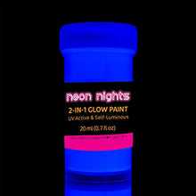Load image into Gallery viewer, 2-IN-1 Glow In The Dark Acrylic Paint Set by neon nights – Glows in the Dark & under UV Blacklight - Set of 8 Self-Luminous Neon Paints for Halloween - German Premium Quality - Phosphorescent