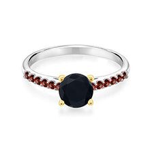 Load image into Gallery viewer, Gem Stone King 1.04 Ct Black Onyx Red Garnet 925 Silver Ring with 10K Yellow Gold Prongs (Size 5)