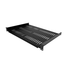 Load image into Gallery viewer, 1U Server Rack Shelf - Universal Vented Rack Mount Cantilever Tray for 19" Network Equipment Rack & Cabinet - Heavy Duty Steel – Weight Capacity 44lb/20kg - 12" Deep Shelf, Black (SHELF-1U-12-FIXED-V)