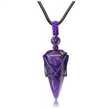 Load image into Gallery viewer, PESOENTH Amethyst Necklace Purple Quartz Crystal Dowsing Pendulum Divination Healing Necklace Cord Adjustable,Natural Gemstone Hexagonal Pointed Cone Reiki Chakra Pendant