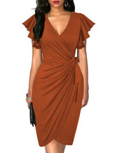 Load image into Gallery viewer, oten Womens Deep V Neck Ruffle Sleeve Sheath Casual Cocktail Party Work Faux Wrap Dress Rust Red Small