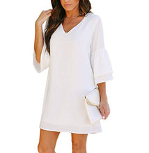 Load image into Gallery viewer, BELONGSCI Women's Dress Sweet & Cute V-Neck Bell Sleeve Shift Dress Mini Dress White