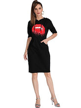 Load image into Gallery viewer, MAGICMK Women Long Sleeve Print Lips Slim Fitted Knee Length Sweatshirt With Pocket Casual Pullover Hoodie Dress (HBLACK+PURPLE, S)