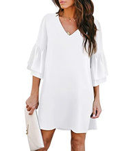 Load image into Gallery viewer, BELONGSCI Women's Dress Sweet & Cute V-Neck Bell Sleeve Shift Dress Mini Dress White