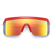 Load image into Gallery viewer, JIM HALO Oversized Flat Top Shield Sunglasses One Piece Mirror Glasses Men Women (Red White Frame/Mirror Gold Lens)