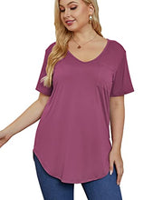 Load image into Gallery viewer, JIOTANG L-4XL Plus Size Tops for Women Casual Scoop Collar Short Sleeves T Shirts with Pocket (20Plus, New Burgundy Flower)