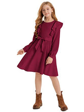 Load image into Gallery viewer, Quedoris Girls Ruffle Trim Long Sleeve Belted Dress with Zipper Wine Fall 150Y