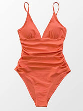 Load image into Gallery viewer, CUPSHE Women's V Neck Shirring Swimsuit,Orange, M