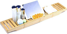 Load image into Gallery viewer, Luxury Bath Caddy Tray for Tub | Bath Table | Premium Bamboo Bathtub Tray for Tub | Fits All Bath Accessories Wine Glass, Books, Tablets, Cellphones, Shampoo | Bath Shelf Foldable