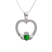 Load image into Gallery viewer, Diamondere Natural and Certified Heart Cut Emerald Claddagh Necklace in 14k White Gold | 0.22 Carat Pendant with Chain