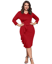 Load image into Gallery viewer, Women's Ruffle Bodycon Work Dress V Neck Ruched Business Office Cocktail Party Tight Sheath Dresses Red L