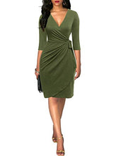 Load image into Gallery viewer, Berydress Women's 3/4 Sleeve V-Neck Draped Faux Wrap Sheath Knee-Length Solid Stretchy Cotton Business Wear to Work Dress (S, 6083-Army Green)