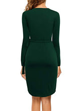 Load image into Gallery viewer, Berydress Women's Classic V-Neck Long Sleeve Casual Party Work Belted Knee-Length Sheath Faux Black Wrap Dress (M, 6090-Dark Green)
