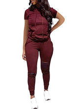 Load image into Gallery viewer, Women Casual 2 Piece Sport Outfits Short Sleeve Ripped Hole Pullover Hoodie Sweatpants Set Jumpsuits (Wine Red, XL)