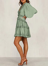 Load image into Gallery viewer, Dokotoo Womens Cute Fall Summer Casual Sexy Deep V Neck Ruffle Chiffon Lantern Long Sleeve Elegant Boho Hawaiian Flowy Mini Short Skirt Dresses for Women Party 2022 Green X-Small