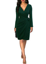Load image into Gallery viewer, Berydress Women's Classic V-Neck Long Sleeve Casual Party Work Belted Knee-Length Sheath Faux Black Wrap Dress (M, 6090-Dark Green)