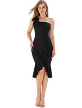 Load image into Gallery viewer, DREAGAL Women's Elegant One Shoulder Ruffle Cocktail Bodycon Midi Dress Black Medium