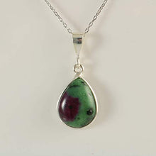 Load image into Gallery viewer, Sterling Silver Red Green Ruby Zoisite Gemstone Teardrop Pendant Necklace 16+2 inches Chain