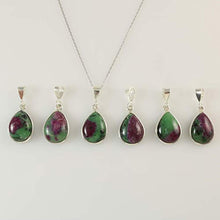 Load image into Gallery viewer, Sterling Silver Red Green Ruby Zoisite Gemstone Teardrop Pendant Necklace 16+2 inches Chain