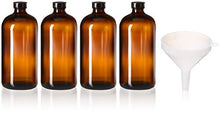Load image into Gallery viewer, 4 Pack - 32oz Boston Round Air Tight Seal Amber Glass Growler Kombucha Bottles- with Phenolic Poly Cone Insert Caps and Funnel for Secondary Kombucha Fermentation and Film Developing Bottles