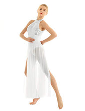 Load image into Gallery viewer, Freebily Women's Halter Sequins Lyrical Dress Contemporary Ballet Dance Costume Leotard Flowy Split Skirt White Large