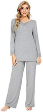 Load image into Gallery viewer, WiWi Bamboo Soft Pajamas Sets for Women Long Sleeve Sleepwear Laced V Neck Top with Pants Plus Size Loungewear S-4X, Heather Grey, Large