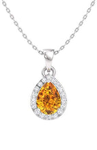 Load image into Gallery viewer, Diamondere Natural and Certified Pear Citrine and Diamond Halo Drop Petite Necklace in 14k White Gold | 0.33 Carat Pendant with Chain
