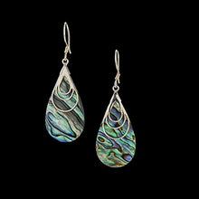 Load image into Gallery viewer, Boho Dangle Teardrop Abalone shell Earrings, Unique Sterling Silver Large paua shell earrings, Ethnic Gypsy Style, Handmade Statement Jewelry