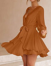 Load image into Gallery viewer, ZESICA Women's Casual V Neck Dress Long Sleeve Wrap Tie Waist Ruffle Hem Cocktail Wedding Party Swing Mini Dresses,Brown,X-Large