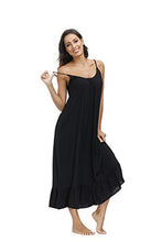 Load image into Gallery viewer, BUENOS NINOS Women's V Neck Floral Maxi Dress Boho Printed Adjustable Spaghetti Strap Ethnic Beach Long Dress with Pockets L Pure Black Dress