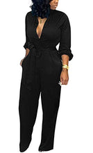Load image into Gallery viewer, Aro Lora Women's Deep V Neck Long Sleeve Button Down One Piece Wide Leg Jumpsuit Romper Small Blue