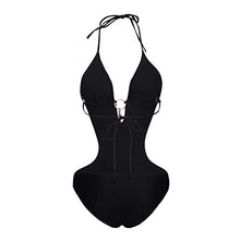 Load image into Gallery viewer, Cool1980s Women Deep Plunge One Piece Swimsuit Lace-up Printed Padded Monokini Bathing Suit Monokini Swimsuit (Black, M)