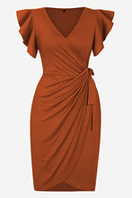 Load image into Gallery viewer, oten Womens Deep V Neck Ruffle Sleeve Sheath Casual Cocktail Party Work Faux Wrap Dress Rust Red Small