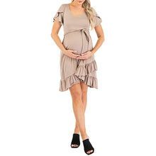 Load image into Gallery viewer, Mother Bee Maternity Butterfly Sleeve Hi-Low Ruffle Short Dress with Adjustable Belt Mocha