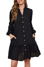 Load image into Gallery viewer, SPIEZ Women's V Neck Linen Pocket Dresses for Women Flowy Ruffle Dress Button Down Long Sleeve Casual Loose Mini T-Shirt Dress 01Black Large
