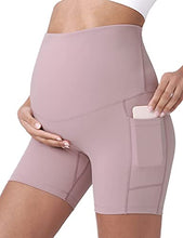 Load image into Gallery viewer, POSHDIVAH Women's Maternity Yoga Shorts Over The Belly Bump Summer Workout Running Active Short Pants with Pockets Pink 5" X-Large