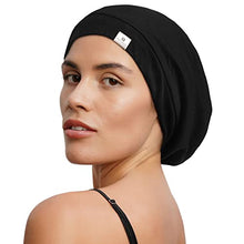 Load image into Gallery viewer, YANIBEST Silk Satin Bonnet Hair Cover Sleep Cap - Pure Black Adjustable Stay on Silk Lined Slouchy Beanie Hat for Night Sleeping