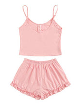 Load image into Gallery viewer, SheIn Women's Solid Print Cami Crop Top and Shorts Pajamas Set Medium Plain Pink