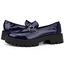 Load image into Gallery viewer, ISOMEI Loafers for Women Comfort Chunky Heel Loafers Patent Leather Chunky Loafers(Blue,8)