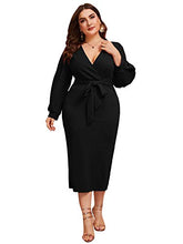 Load image into Gallery viewer, Verdusa Women's Plus Size Bishop Sleeve Plunging V Neck Belted Bodycon Dresses Red 4XL