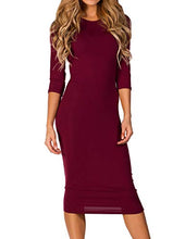 Load image into Gallery viewer, ICONOFLASH Women's Burgundy Dresses 3/4 Sleeves Crew Neck Bodycon Midi Dress Size Medium
