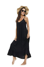 Load image into Gallery viewer, BUENOS NINOS Women's V Neck Floral Maxi Dress Boho Printed Adjustable Spaghetti Strap Ethnic Beach Long Dress with Pockets L Pure Black Dress