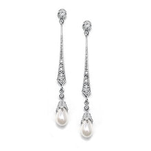 Load image into Gallery viewer, Mariell Slender Cubic Zirconia Vintage Dangle Earrings with Freshwater Pearl Drops for Brides or Weddings