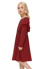 Load image into Gallery viewer, IIMMER Kid Girls Christmas Casual Burgundy Ruffle Long Sleeves Keyhole Neckline Autumn Maroon Flare Swing Dress with Pockets 7-8 Years