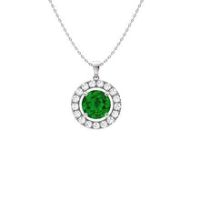 Load image into Gallery viewer, Diamondere Natural and Certified Emerald and Diamond Halo Petite Necklace in 10k White Gold | 0.65 Carat Pendant with Chain