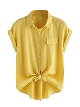 Load image into Gallery viewer, Milumia Women Casual V Neck Collar Knot Hem Button Down Rolled Cuff Short Sleeve Work Blouses Shirt Tops Yellow Small