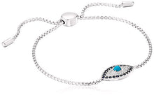 Load image into Gallery viewer, Sterling Silver Genuine Stabilized Turquoise with Created Blue and White Sapphire Evil Eye Bolo Adjustable Bracelet, 9"